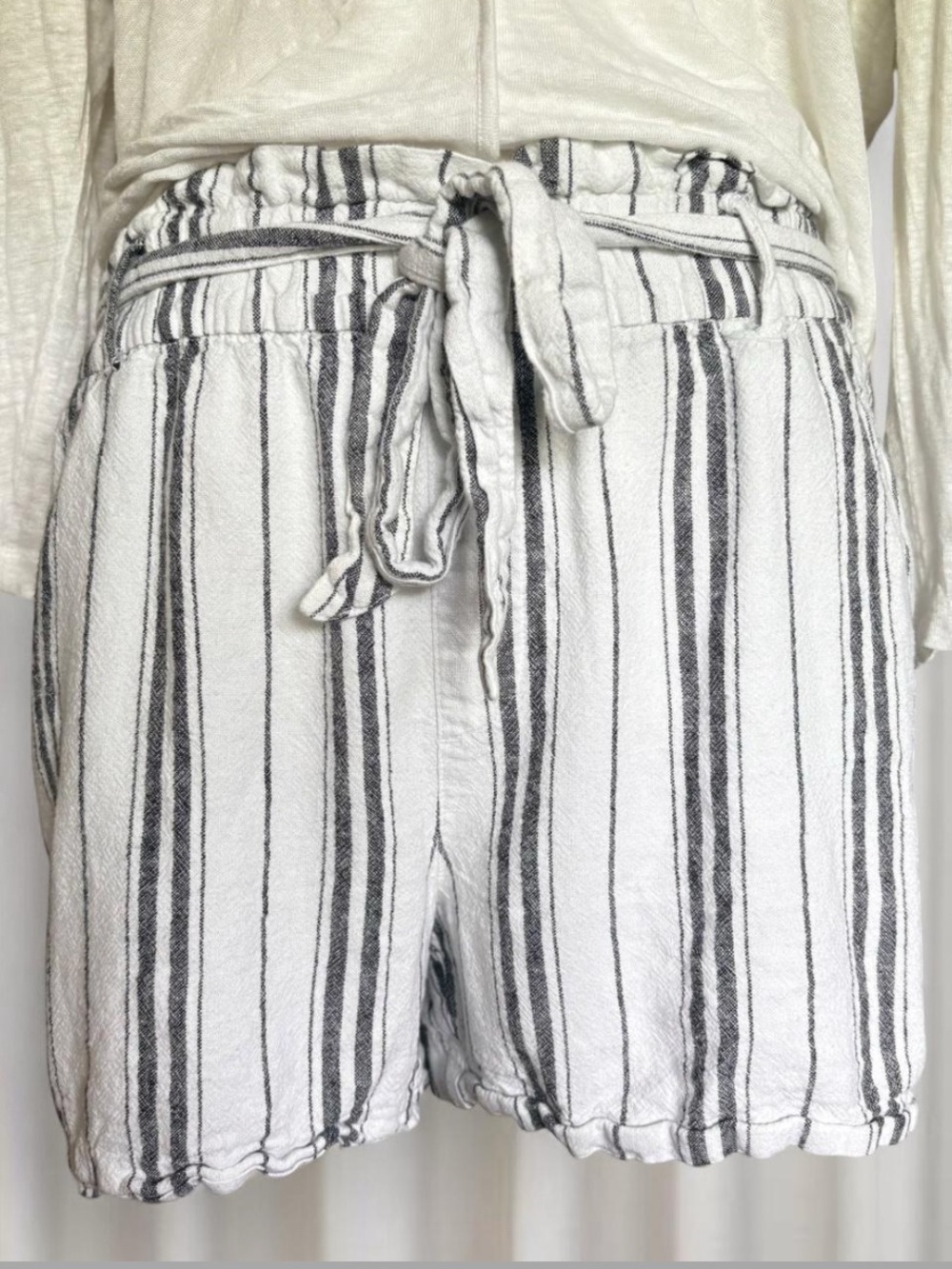 Striped Tie-Waist Linen Summer Women's Shorts Black & White Coastal Nautical
